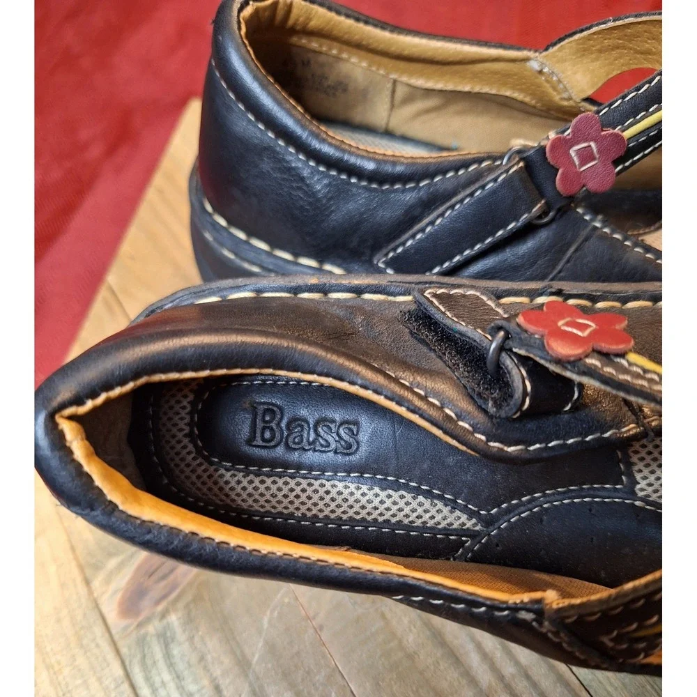 GH‎ Bass Alena Girls Black Leather Mary Jane Flower Shoes Size 4.5 M
